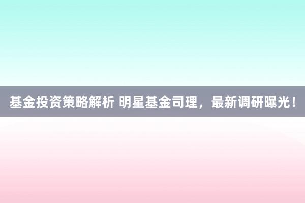 基金投资策略解析 明星基金司理，最新调研曝光！